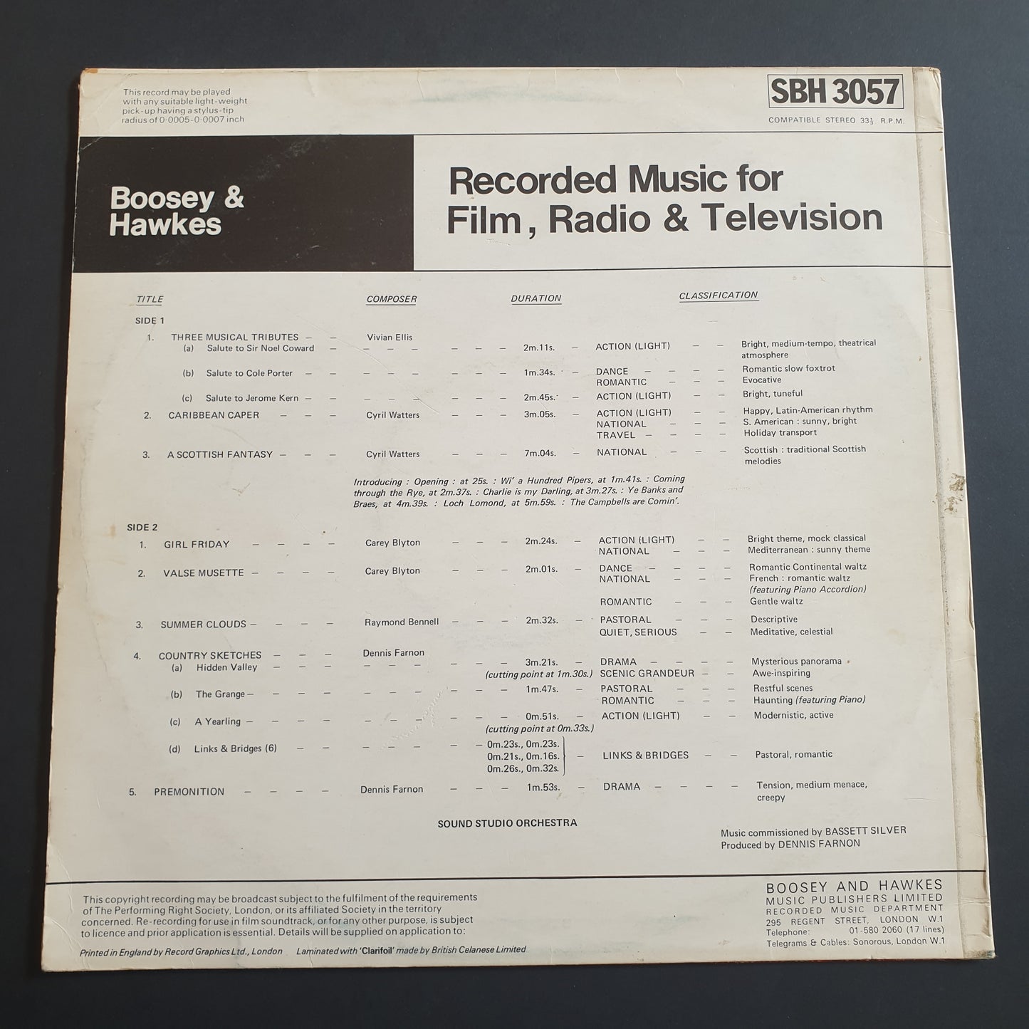 SOUND STUDIO ORCHESTRA - Recorded Music For Film, Radio & Television